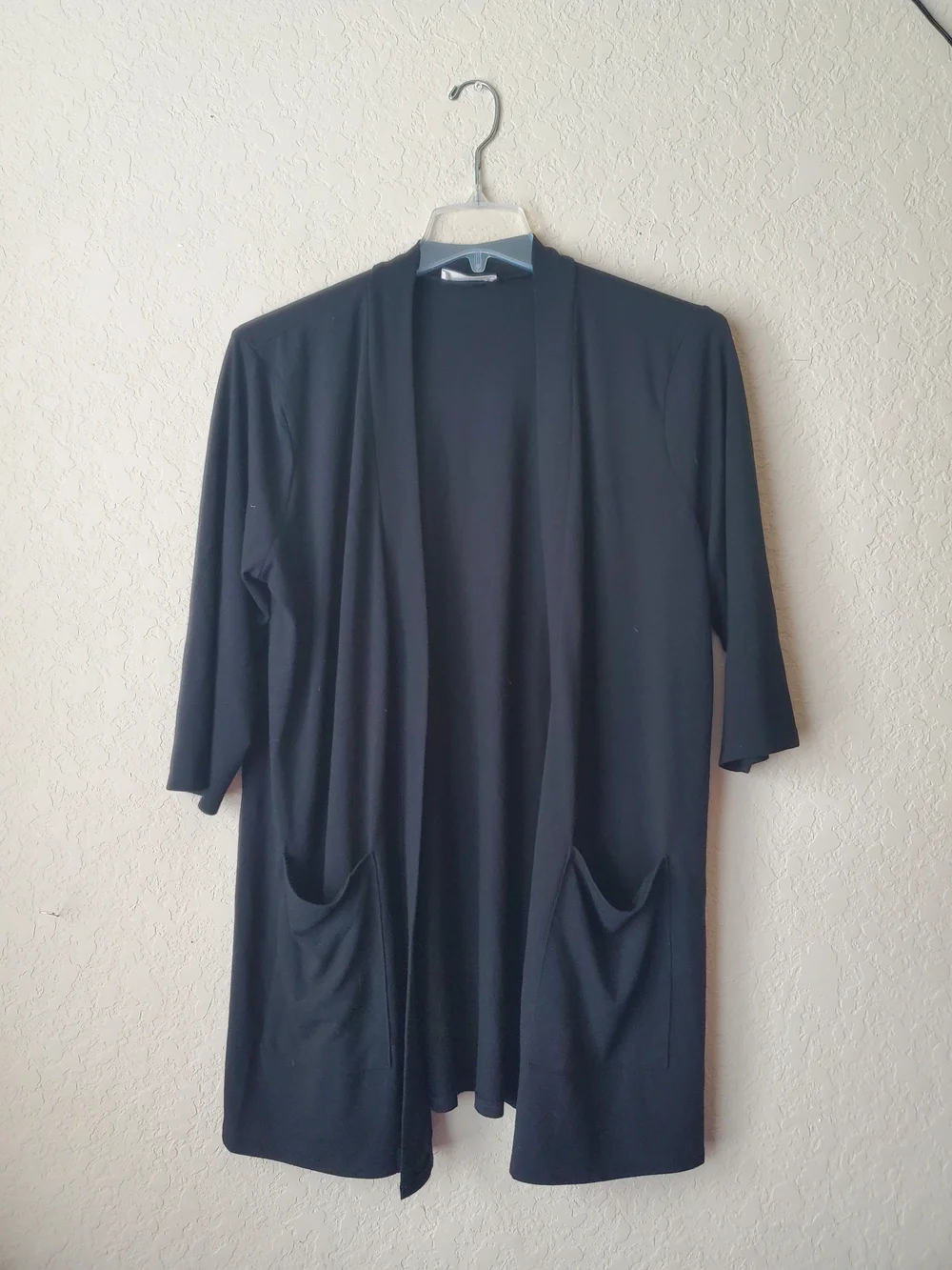 Zenana Black Open Front Cardigan 3XL Plus Size Pocket 3/4 Sleeve Knit Kimono